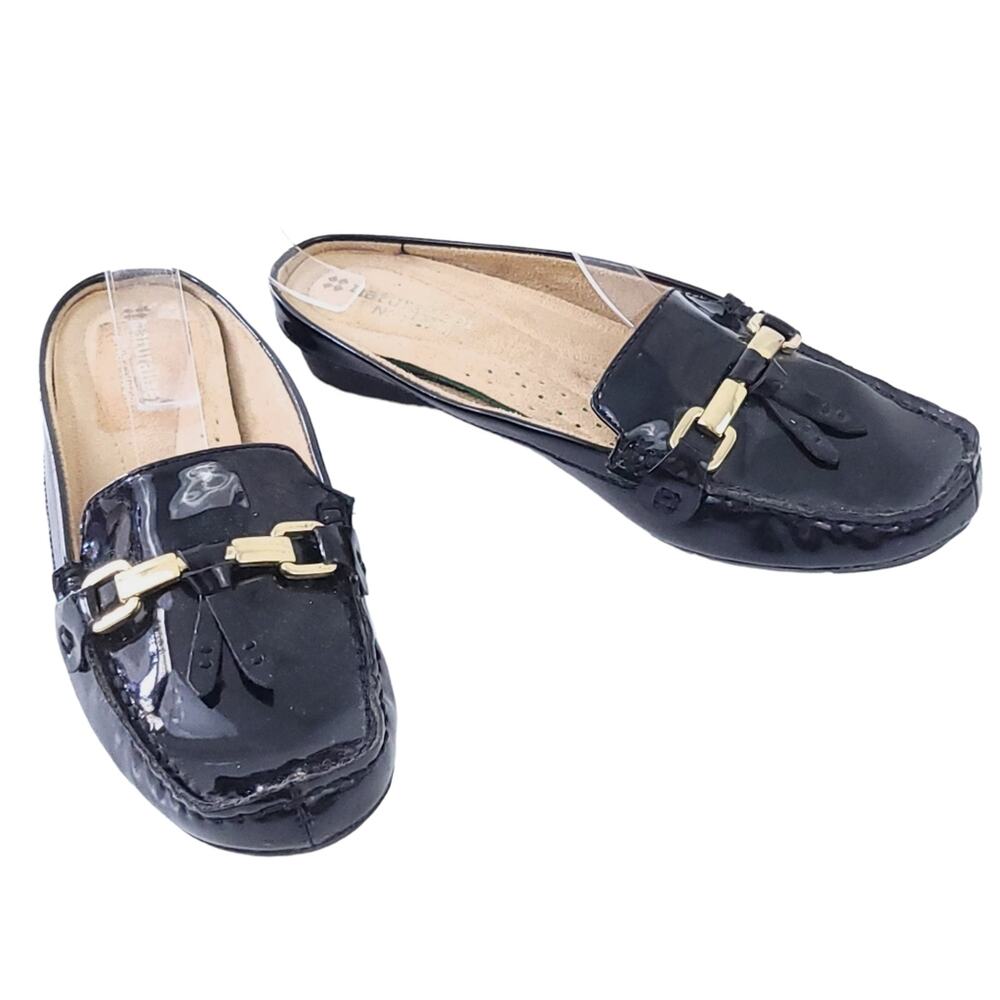 Naturalizer Slides Black Patent Leather Flats 6M Comfort Gold Hardware, Tassels